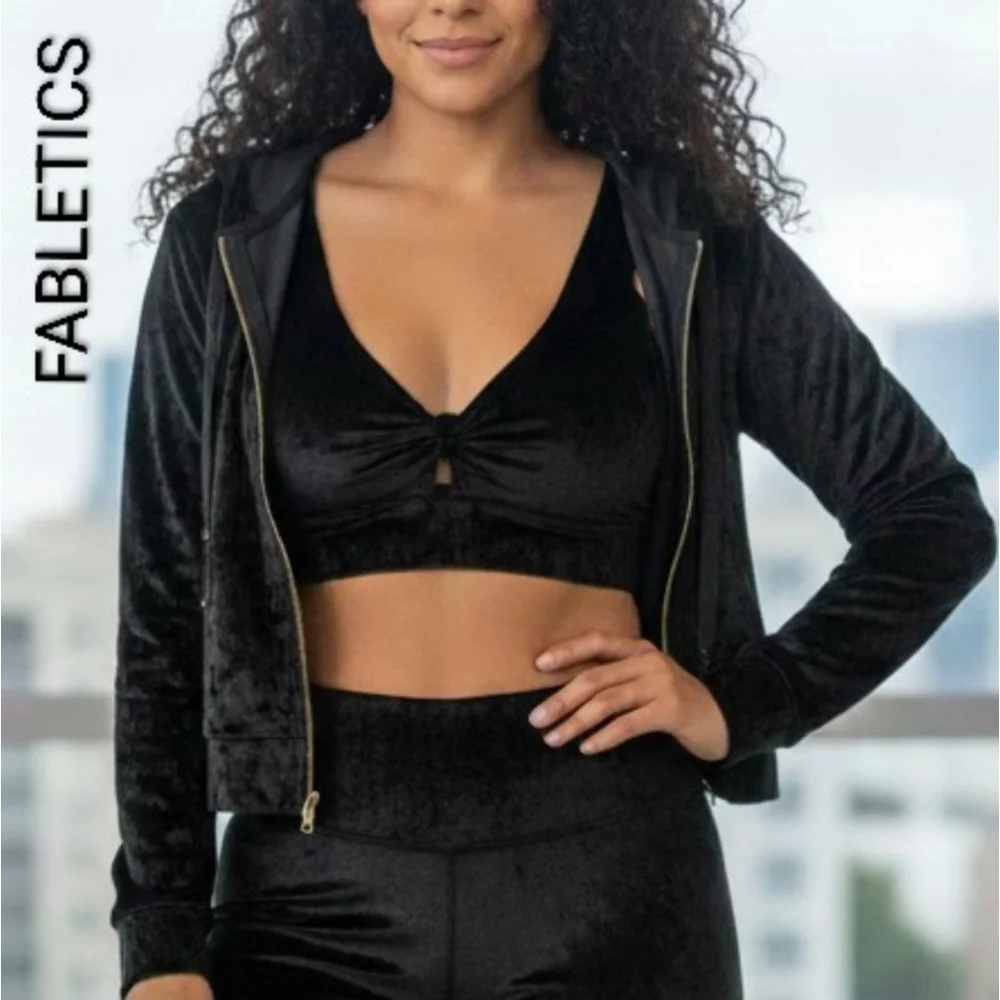 Women's Viral Fabletics Crushed Velour Zip-Up Hoodie & Sports Bra Set S Black